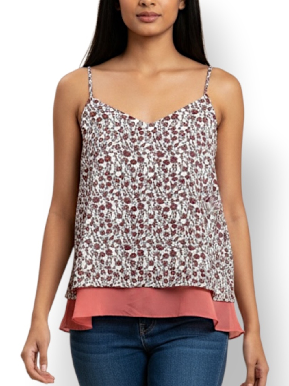 LOFT Petite Floral Layered Look Cami Tank Top Ruffle Contrast Hem Medium Petite